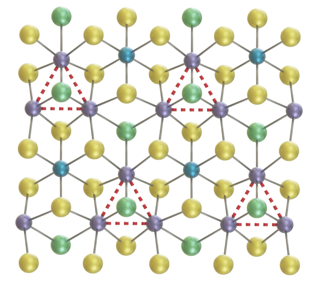 A top-down rendering of molybdenum disulfide’s atomic structure in its 1T” configuration