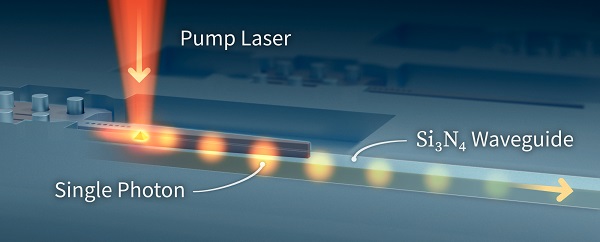 Laser light shining on the quantum dots triggers them to produce a series of single photons that travel through the silicon nitride waveguide