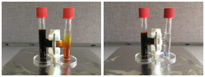Just half an hour on, the Celgard membrane (left) leaks lithium polysulfides. However, the U-M membrane (right) completely blocks the lithium polysulfides 96 hours later
