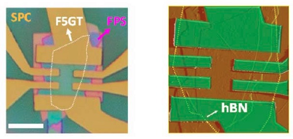 Imaging the device via optical microscope (left) and atomic force microscope (right).