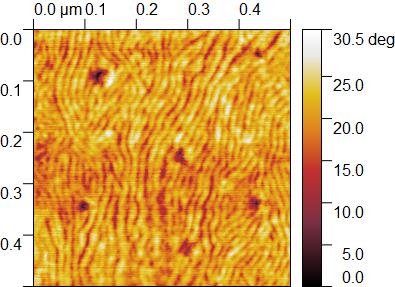 AFM phase image of aPolyethylene-block-polyethylene oxide film after thermal annealing showing a lamellar structure.