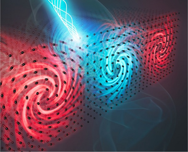 Artist’s conception of polar vortices moving in ferroelectric material