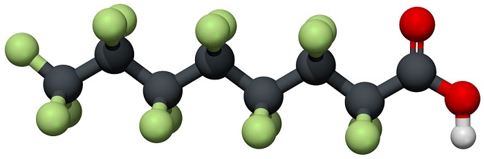 Molecular structure of perfluorooctanoic acid, or PFOA, one of the world’s most prevalent “forever chemical” pollutants