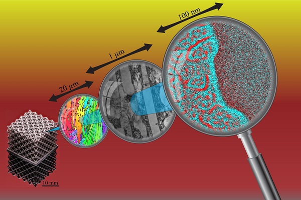 A strong and ductile high-entropy alloy is made from additive manufacturing, and it exhibits a hierarchical microstructure over a wide range of length scales. (Image credit: Thomas Voisin).  A strong and ductile high-entropy alloy is made from additive manufacturing, and it exhibits a hierarchical microstructure over a wide range of length scales