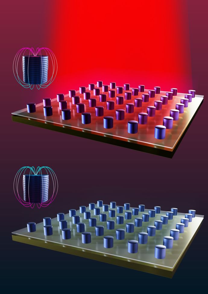 A plasmonic laser is turned on (top) and off (bottom) by switching the magnetisation of a nanodot array.