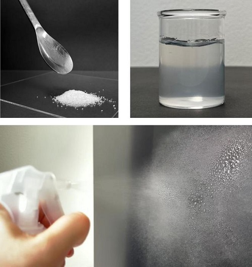 Evaporated CNF powders have a small volume and no handling issues related to static electricity (upper left). Their water dispersions are colorless and transparent (upper right) and dispersion droplets formed by spraying do not drip (lower).