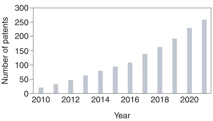 Fig. 1: Patent trends. This patent search was conducted using The Lens with the keywords ‘nanoneedle’ and ‘bio’ between 1 January 2010 and 31 December 2021