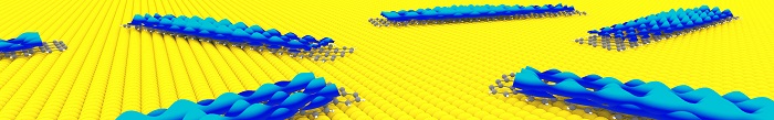 An illustration shows graphene nanoribbons on top of a gold substrate. Experimental data revealed by the Michigan State microscope is shown in blue above the ribbons