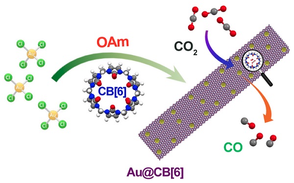 A gold-based hybrid material (Au@CB[6]) is modified by CB[6] in order to efficiently convert CO2 to CO