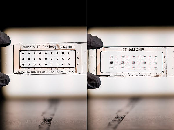 The original nanoPOTS chip (left) had 27 individual nanowells organized on the surface