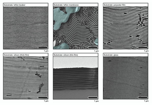 Transmission electron microscope (TEM) images of the new 2D nanosheet as a barrier coating that self-assembles on a variety of substrates, including a Teflon beaker and membrane, polyester film, thick and thin silicon films, and glass