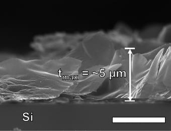 A scanning electron microscope image shows a cross-section of laser-induced graphene on silicon