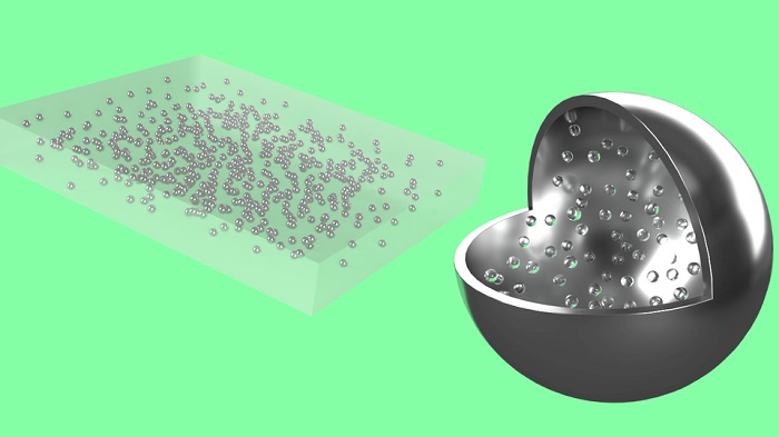 A rendering of liquid metal droplets embedded in a silicone material