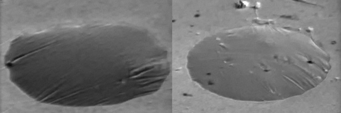 A suspended graphene sheet (left). When biomarkers adsorb on its surface, it assumes a dome-like shape (right)