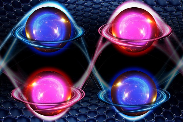 When stacked in five layers in a rhombohedral pattern, graphene takes on a rare “multiferroic” state, in which the material’s electrons (illustrated here as spheres) exhibit two preferred electronic states: an unconventional magnetism (represented as orbits around each electron), and “valley,” or a preference for one of two energy states (depicted in red versus blue). The results could help advance more powerful magnetic memory devices.