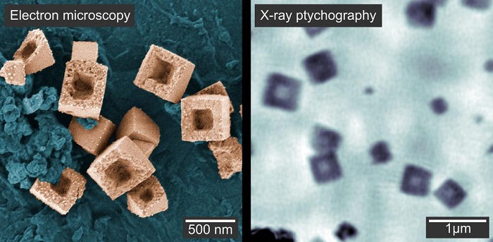 Scanning electron microscopy image (left) of the hollow copper nanocubes outside the chemical reactor.