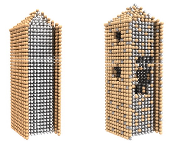 (L) Schematic illustration of silver nanowire with smooth, ultrathin gold shell, (R) Schematic illustration of gold-coated silver nanowire with etching or pore formation