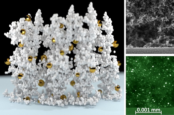 Artist’s impression of the 3D nanoparticle scaffold, consisting of metallic nanoparticles (yellow) embedded within semiconductor nanoparticles