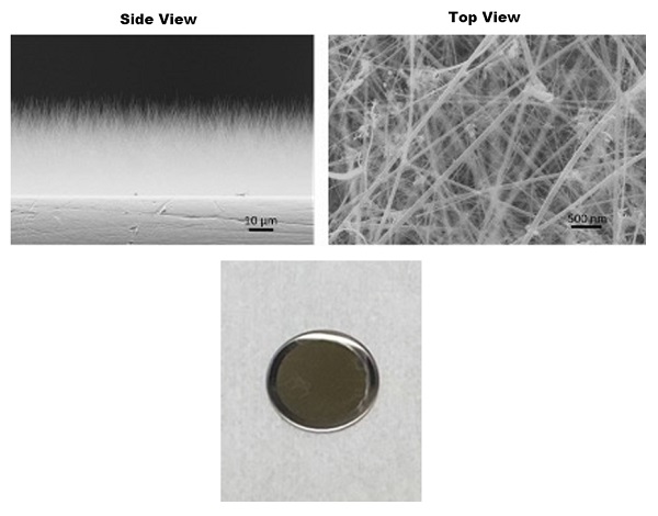 Photos of silicon nanowires grown on a stainless steel disk shown (clockwise from top left) in side, top, and macroscopic views