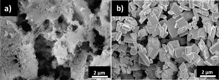 Figure a shows a scanning electron microscope image of the 3DOM BiVO4 sample; Figure b is a plate-like sample