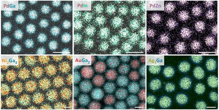 Intermetallic nanocrystals (electron microscope images) made from different combinations of metals