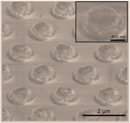 A scanning electron microscope image of an iron pyrite metasurface created at Rice University to test its ability to transcend the Moss rule