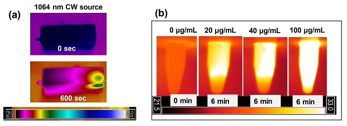 Photothermal response of TSP-CA: (a) Images are shown before irradiation and 10 min (at the end of irradiation) using CW at 1064 nm.